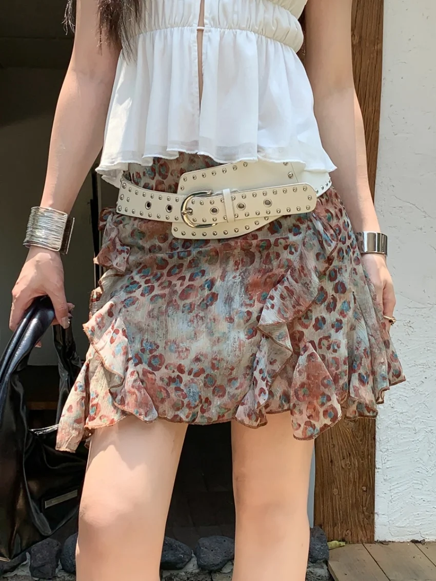 Alien Kitty Leopard Print Ruffle Mini Skirt Women No Belt Y2K Vintage Irregular Chiffon 2026 Camping Hot Girl Streetwear Summer