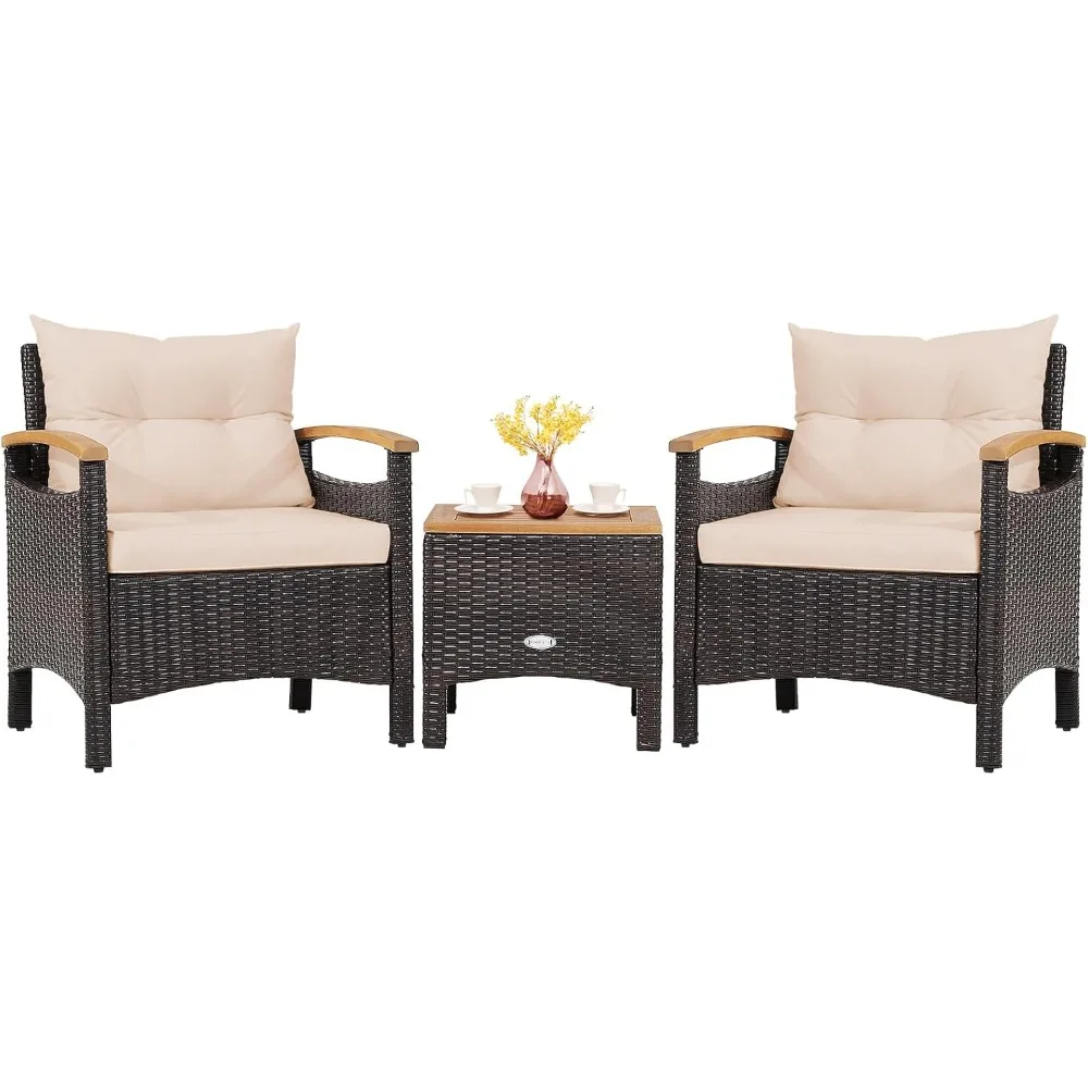 

3-Piece Patio Furniture Set, Patiojoy Outdoor Rattan Sofa Set with Coffee Table, Patio Conversation Set with Removable Cushion,