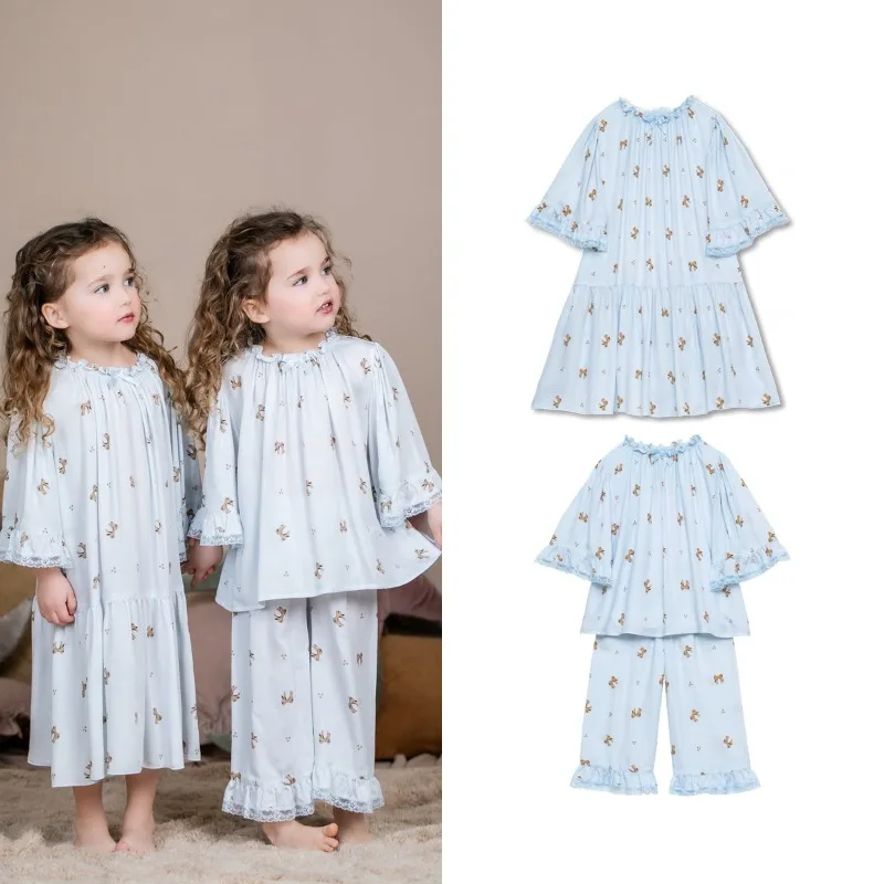 Girls' Home Clothes 2024 Autumn New Collection Small and Medium Sized Long Sleeve Pants Printed Cotton Sleepwear Two Piece Set