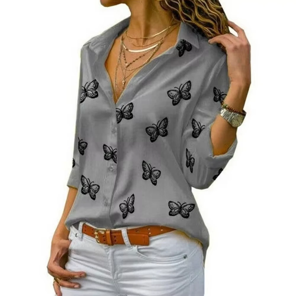 Women Long Sleeve Blouse Spring Autumn Turn Down Collar Shirt Loose Office Lady Casual Butterfly Printing Basic Shirts Oversized