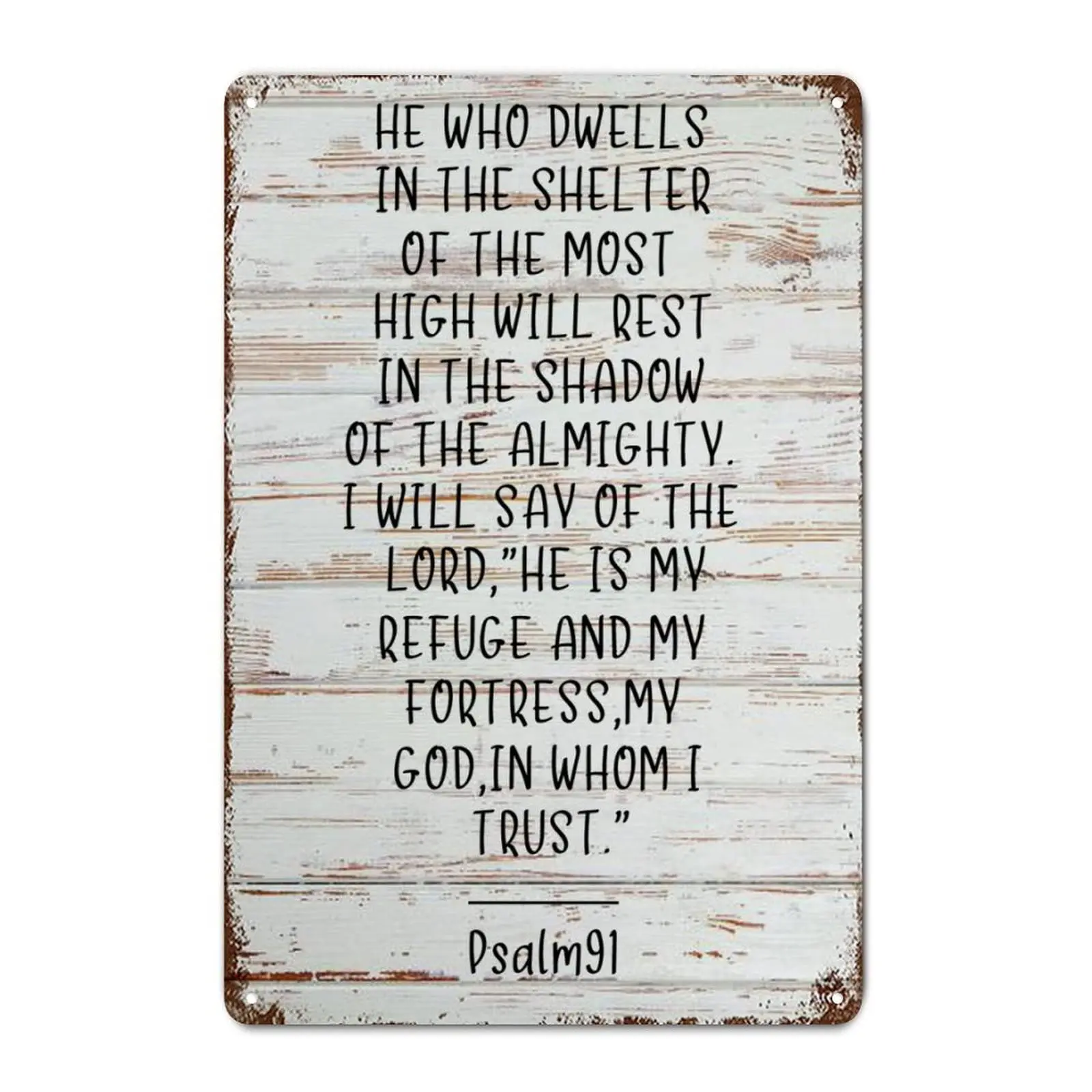 LUIJORGY Bible Verse Rustic Metal Sign Wall Art Decor Bible Verse Quote Psalm 91 Wood Grain Scripture Distressed Stylish Tin Sig