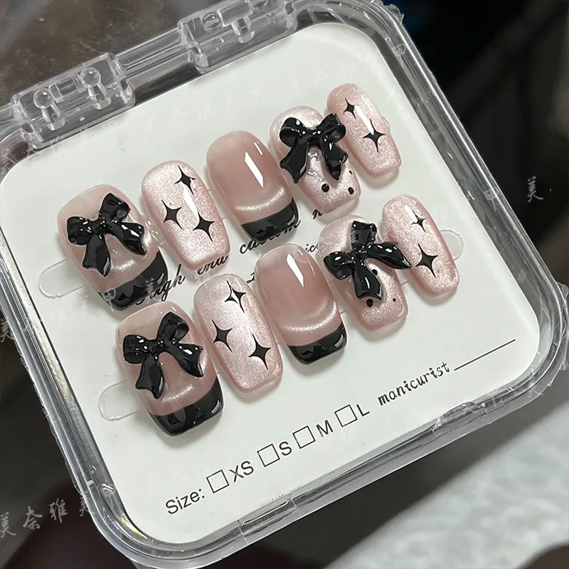 

10Pcs original Handmade Bow shaped stars press on nails Cat's eyes fake nails Funny sweet removable false nails with Adhesive