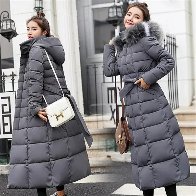 2025 nova jaqueta de inverno feminina parkas gola de pele com capuz algodão acolchoado casaco longo coreano solto quente engrossar outwear