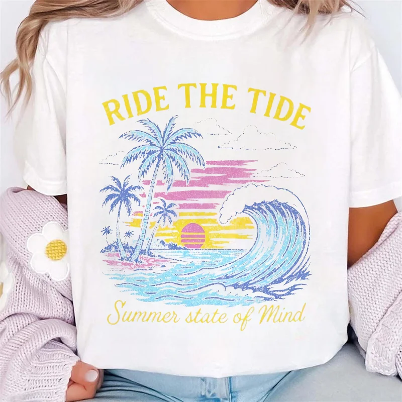 

Летняя праздничная футболка с принтом Ride The Tide, стильный топ с круглым вырезом, женская модная повседневная пляжная белая футболка с принтом