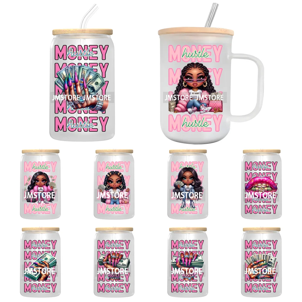 Pretty Afro Girls Hustle Money Waterproof UV DTF Decals Ready To Apply Transfer Stickers DIY Crafts For 16OZ Libbey Glass Can