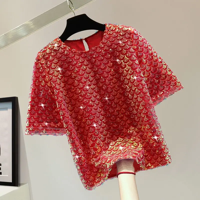 

Spring Summer New Korean Round Neck Short Sleeve Heavy Industry Wavy Sequins Versatile Straight Tube Women Mesh T-shirt Trend