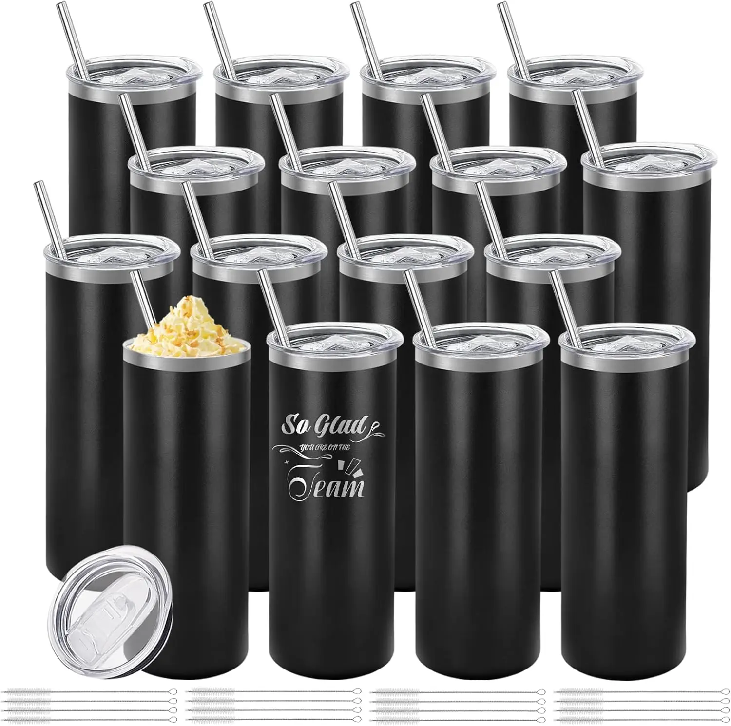 

16 Pack Stainless Steel Insulated Tumblers with Lid and Straw, 20oz Black for Laser Engraving and Gifts