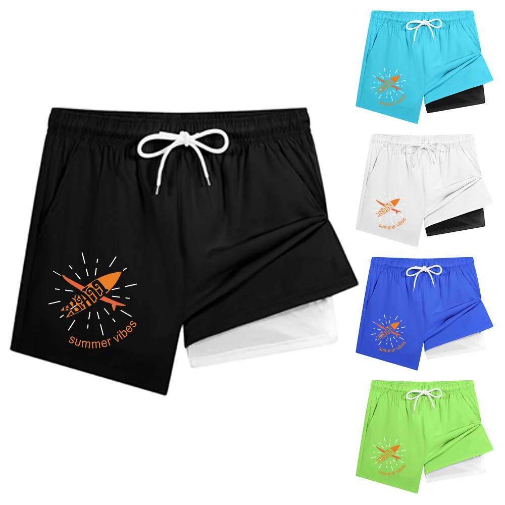 

Мужские быстросохнущие плавки-шорты с двойным слоем, внутренним слоем-трусиками и карманами, эластичный пояс на шнурке, принт «Summer Vibes», пляжные шорты