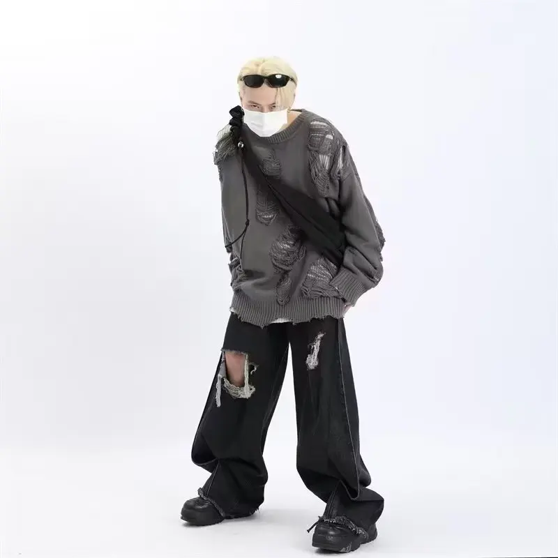 

Мужской свитер, утолщенный оверсайз, потертый свитер, рваный двухслойный пуловер, двусторонний ленивый шикарный свитер