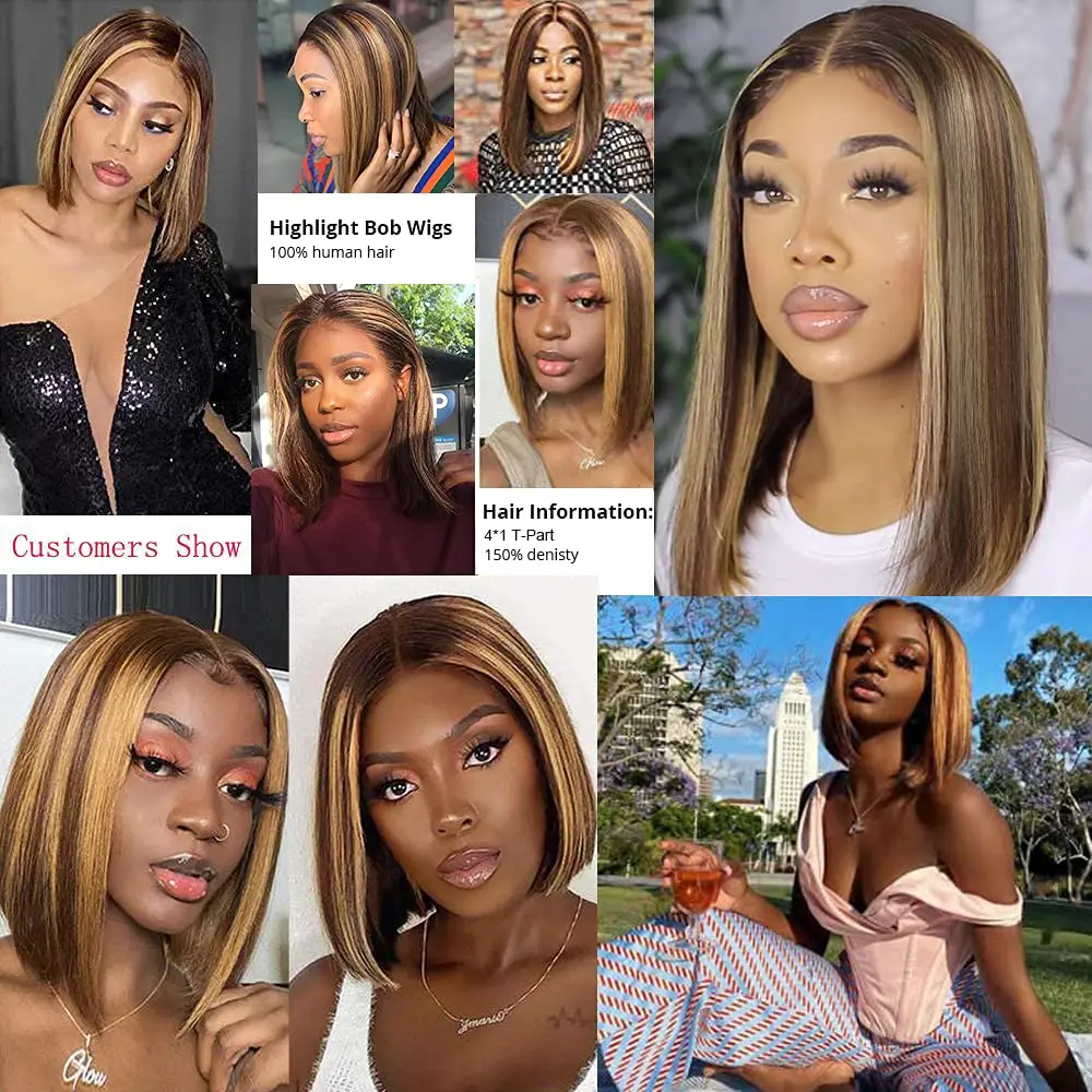 Sleek Highlight Wig Colored Human Hair Wigs 13x6x1 Short Straight Bob Wig P4/27 Highlight T Lace Brazilian Hair Wigs Black Wigs