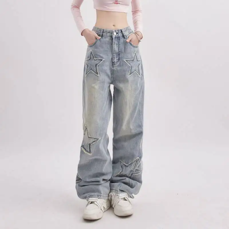 

2023 ew women's Y2K spring China-Chic brand high street star patch design straight wide leg casual pants Blue Baggy Denim Pants