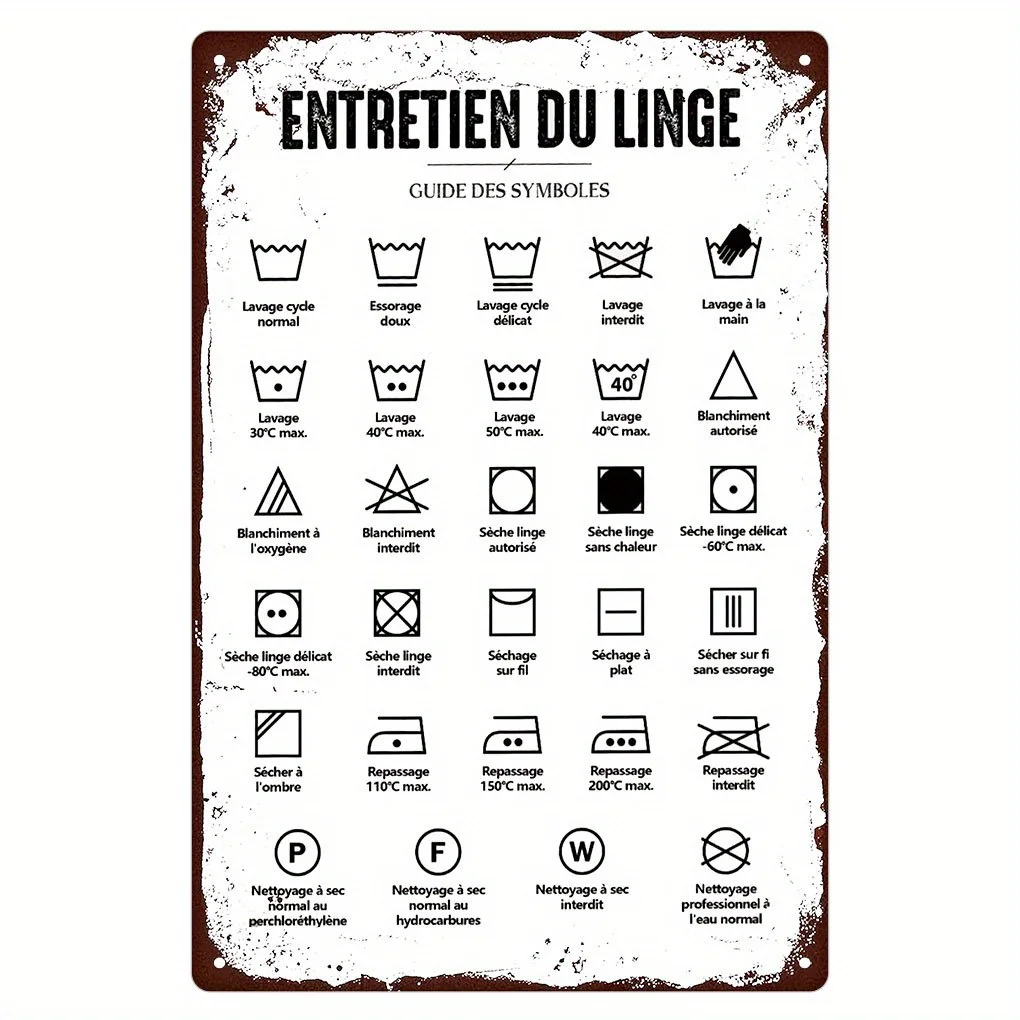 2D Flat - Vintage French Laundry Metal Sign,Featuring The Guide 'ENTRETENISSE DES SYMBOLS', Ideal for Bathroom And Home Decor