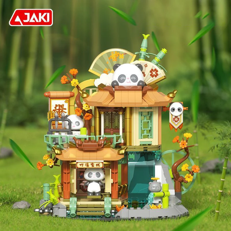 

JAKI Street View Series BK011 Panda Чайный домик Panda Zhuxi Inn Street View Модель Украшения для мальчиков и девочек Строительные блоки Игрушки