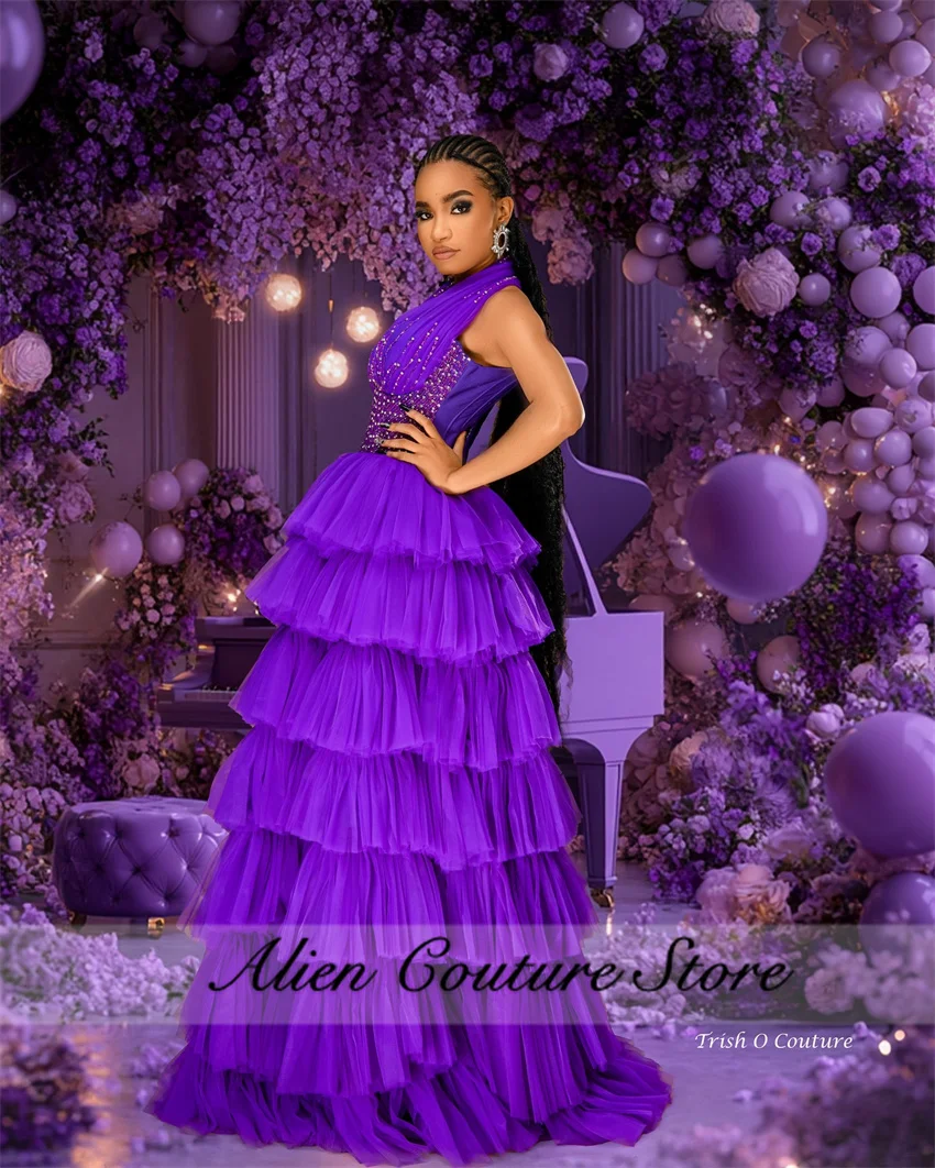 2024 Purple Tulle Evening Dresses Bead Crystal Diamonds Halter Wedding Party Dress Ruffles Vestidos De Novias Customized 