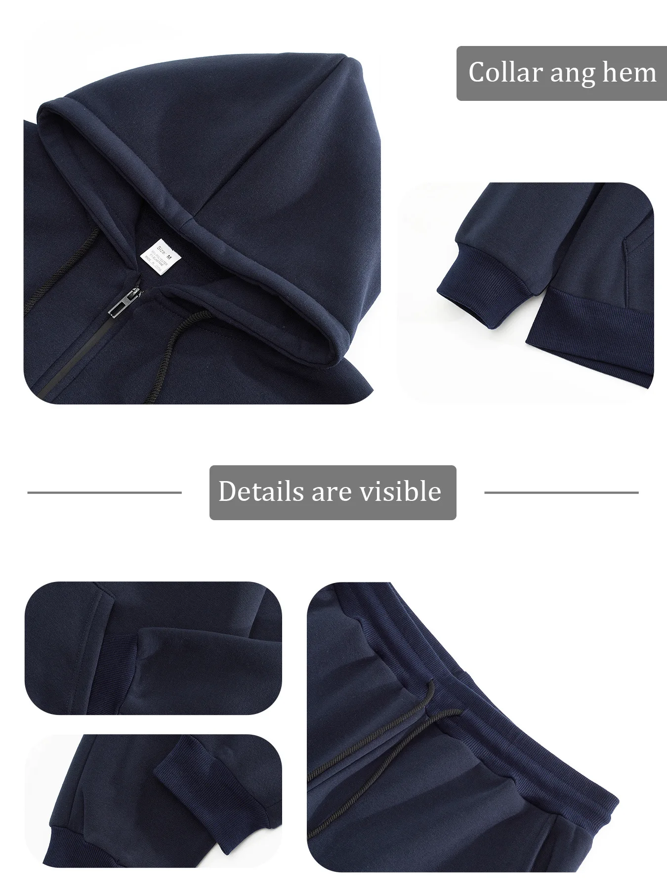 Herbst-Winter Herren Fleece Zweiteiler Set Einfarbiger Zip-Hoodie Jogginghose Warme Freizeitkleidung Locker Sitzender Täglicher Trainingsanzug – Detail 5