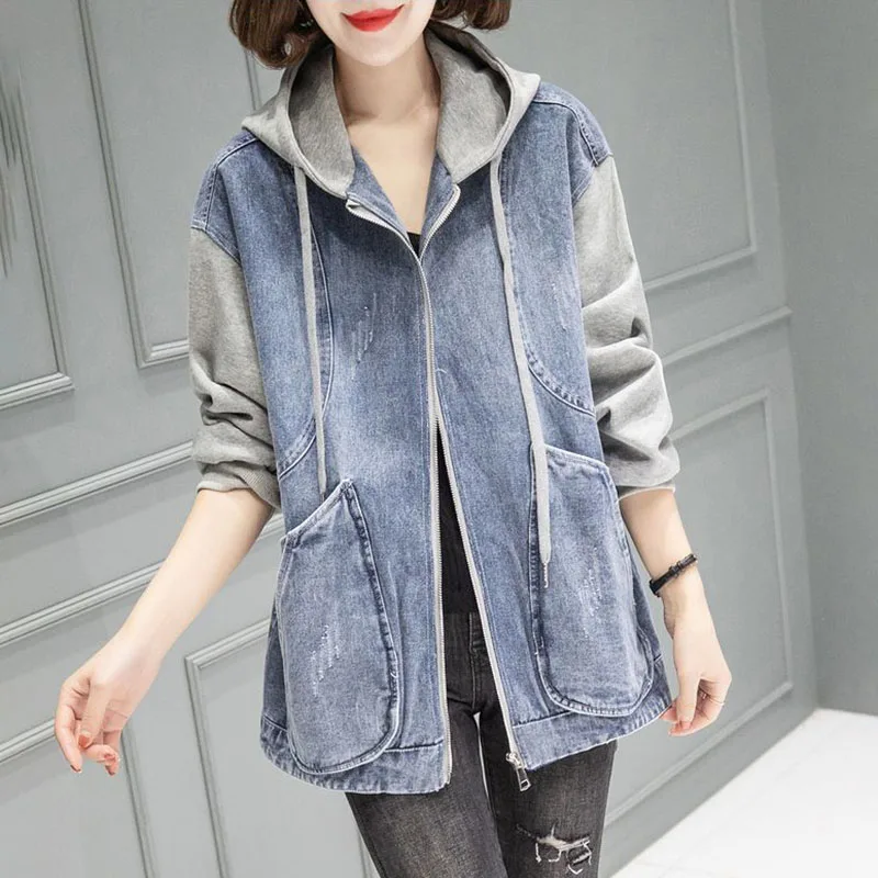 New Women's Hooded Denim Jacket Spring Autumn Patchwork, Loose Large-sized Basic Jacket, Zipper Fashion Female Motorcycle Jacket
