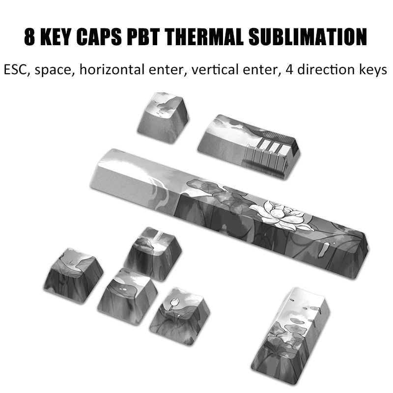 로터스 연못 달빛 기계식 키보드 키캡, 8 키, 사용자 지정 5 면 승화 Pbt 레트로 그레이 Oem 프로필 번호 키캡