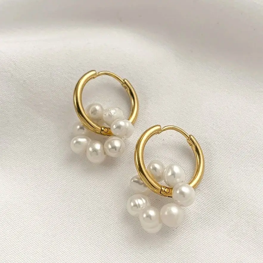 Vintage Baroque Pearl Pendant Drop Dangle Earrings for Women Girls Stainless Steel Huggies Hoop Earring Circle Ear Jewelry Gifts