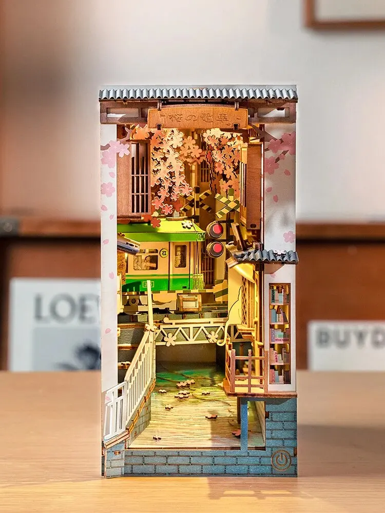 Rolife Anime Scenes DIY Book Nook Japanese Sakura Densya Shelf Insert Wooden Miniature Dollhouse with Furniture Kits Xmas Gift