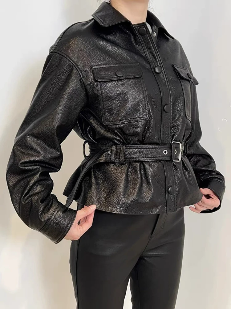 Spring Luxury Female Genuine Sheepskin Bubble Leather Coat Autumn Black Belt Slim Fashion Real Leather Jacket view 6