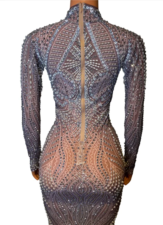 Sexy Stage Long Prom Dresses for Women Sheer Mesh Top Luxury Sparkly Pearls Diamond Dresses Black Girls Prom Formal Party Gowns