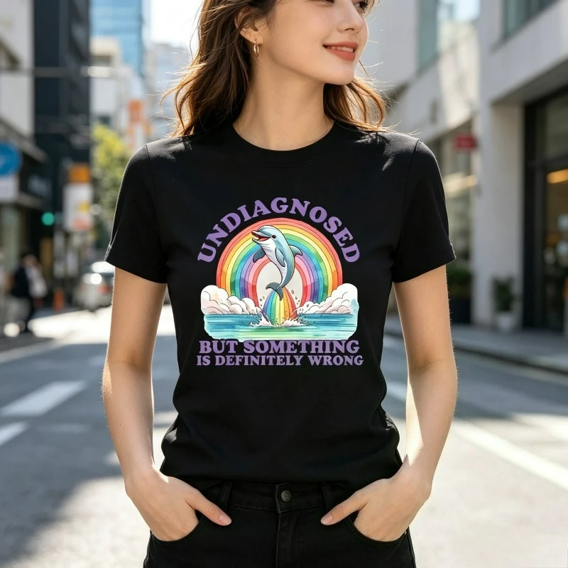 Women Graphic Tee Retro Dolphin Print Undiagnosed But Something Is Definitely Wrong Casual Streetwear Summer Round  Short  Top