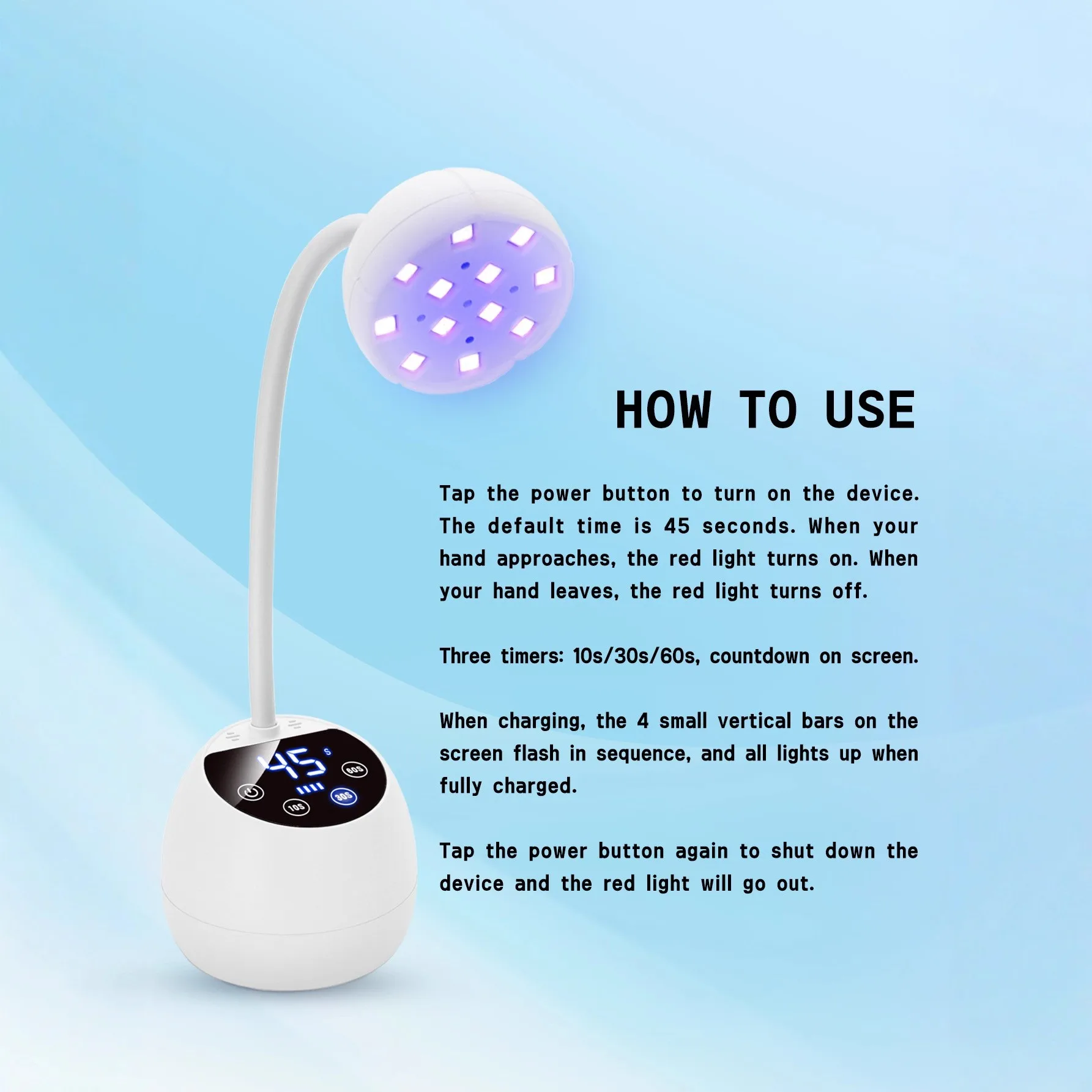 배터리형 데스크탑 지능형 네일 램프, 지능형 유도 360도 굽힘, 10초/30초/60초 선택, 자유 선택, 홈 네일 아트.