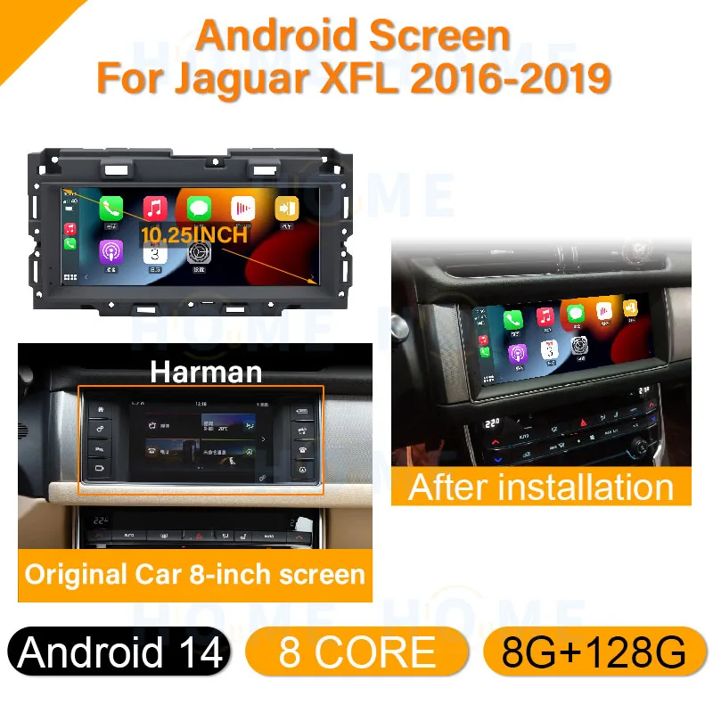 أندرويد 14 Carplay لجاكوار XF XFL 2016-2019 شاشة مركز إلكترونيات السيارات مشغل وسائط متعددة نظام تحديد المواقع راديو الملاحة واي فاي
