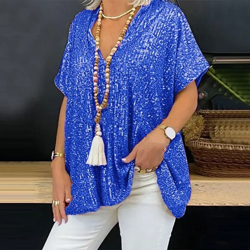 

Women Tops Casual Loose Clothes Fashion Sequins V-neck Solid Color Mid Length Shirt New Summer Short Sleeve Blouse Blusas 30468