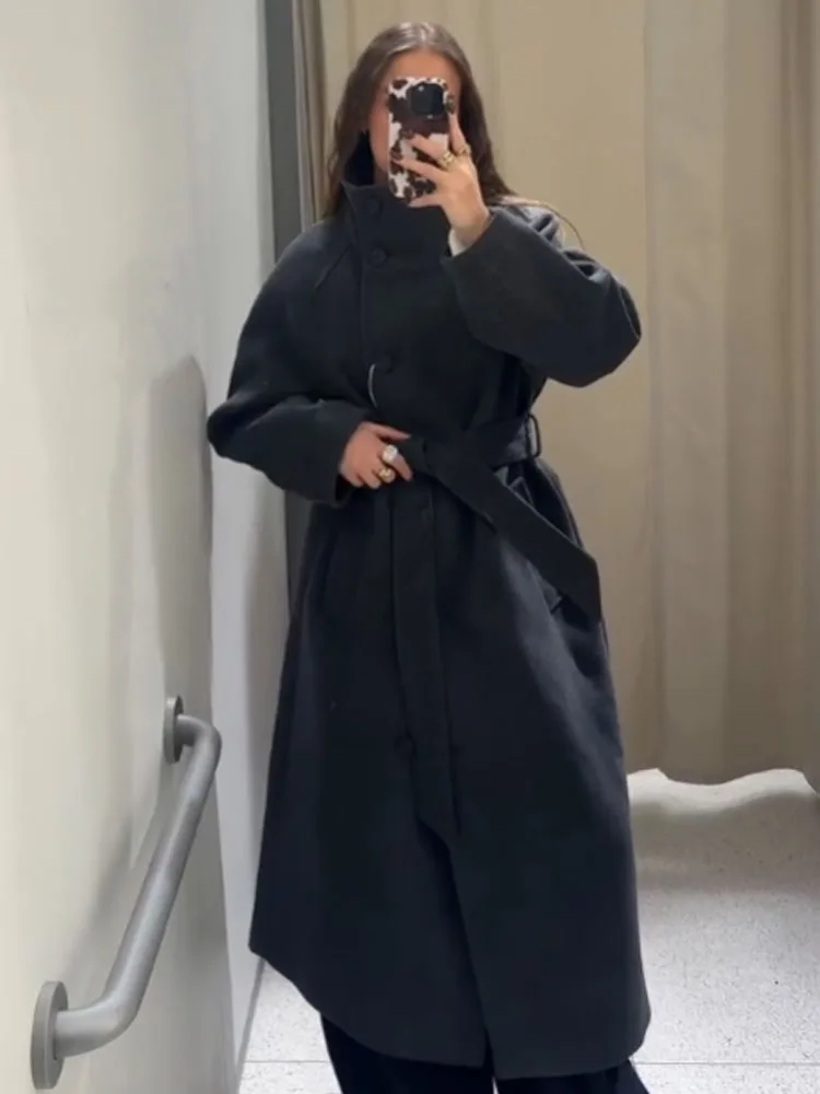 

HH Women 2025 Winter New Single Breasted Stand Collar Belt Coat Jacket Female Elegant Casual Pocket Decorated 2-Color Long Coat