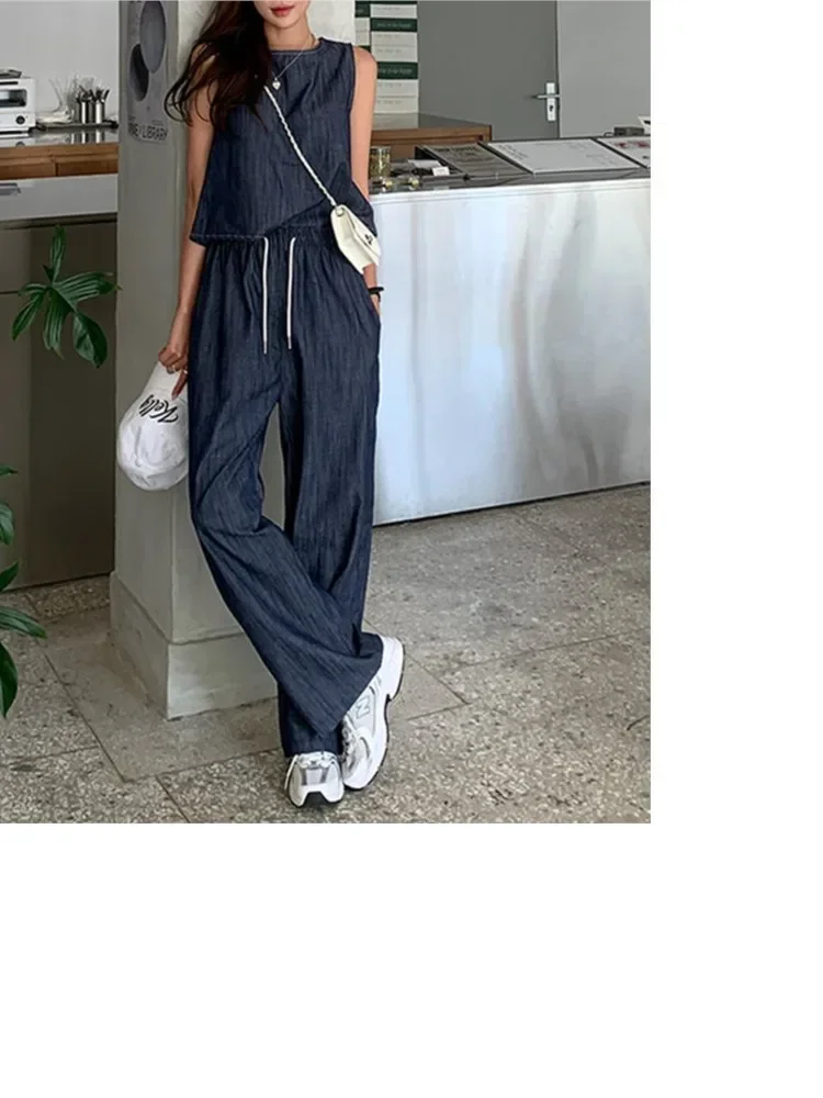 Summer Two 2-częściowe zestawy Denim Halter Tank Vest LadiesTops Women Loose Casual Chic Slim Jeanswear Straight Mujer Pants Suits