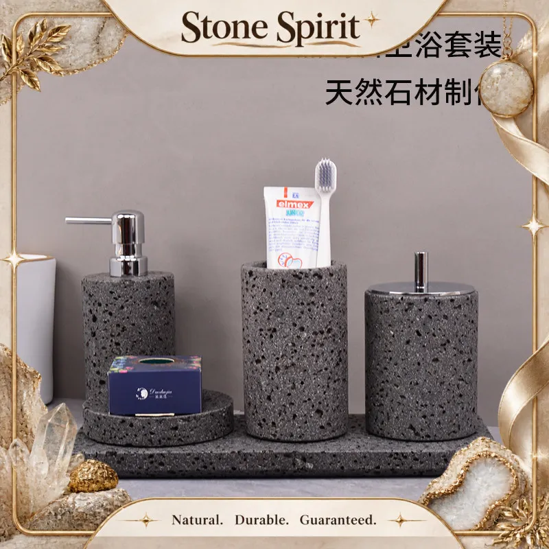 Travertine Bathroom Accessory Set, Black Lava Stone Wash Kit, Wabi-Sabi Style Natural Stone Bathroom Decor for Home & Hotel