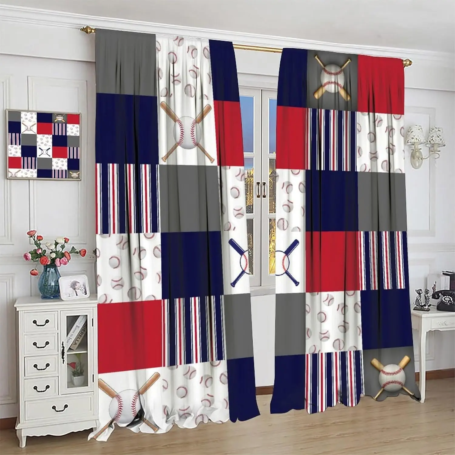 Baseball Blakcout Curtains for Boys Kids Teens,Red White Blue Baseball Patch Sport Window Drapes,Novelty Soccer Baseball Game