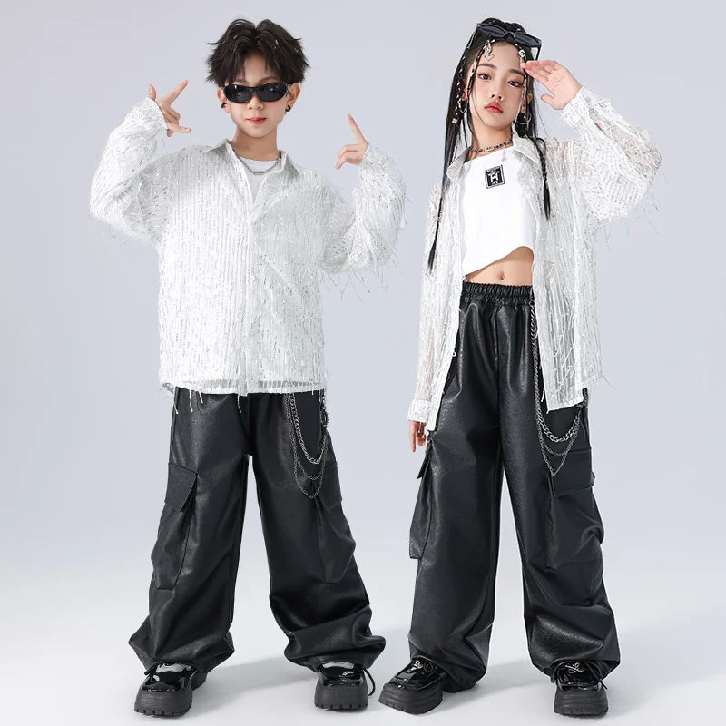 

Fashion Kids Hip Hop Costume Jazz Dance Clothes Girls Boys Street Dance Performance Outfit Sequin Shirt Black Cargo Pants L14049
