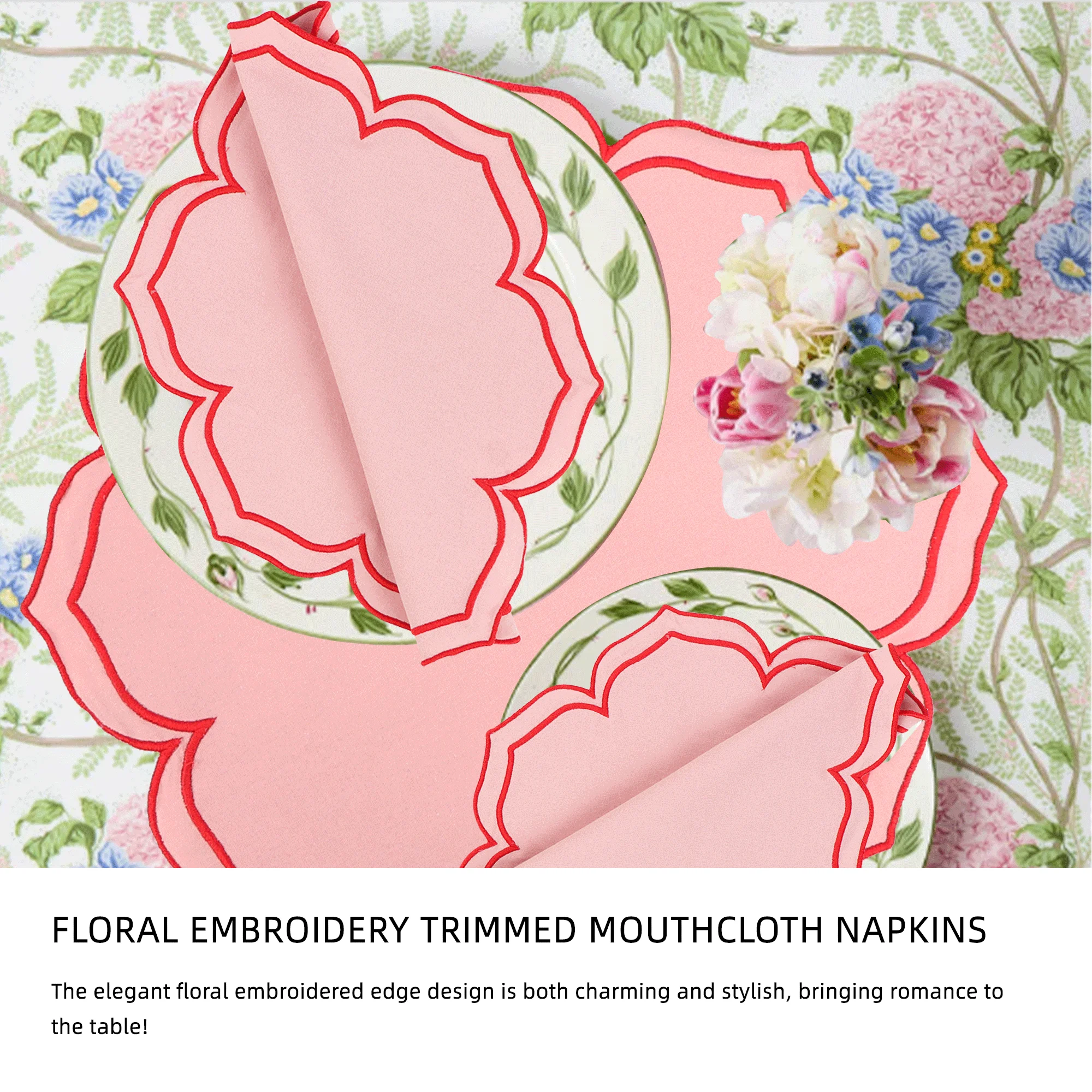 4 قطع مناديل قطنية مع تطريز بحافة متموجة مناسبة لتناول العشاء وحفلات الزفاف وعيد الميلاد