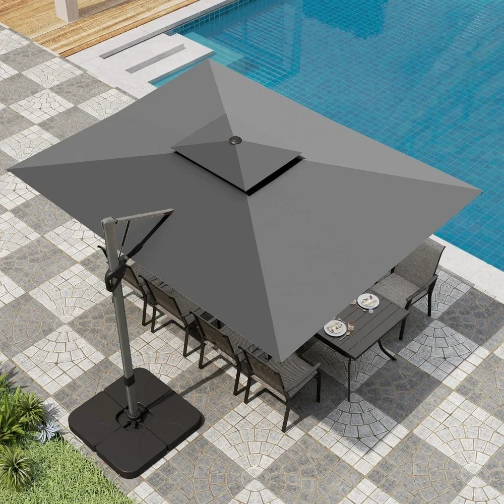 9 'X 12' Cantilever Patio Paraplu Met Basis, Buiten Grote Vierkante Parasols 360 ° Rotatie, Zware Hydraulische Dubbele Paraplu