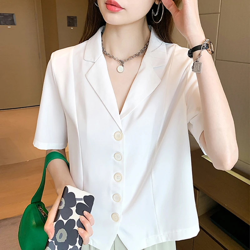 Fashion Blazer Suits Women's Clothing Short-sleeved White Shirt Jackets Summer Large Size Suit Collar Shirt Tops bd37