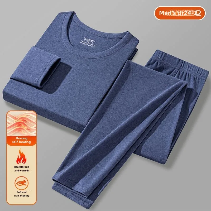 Autumn Winter Men's Casual O-Neck Basic Sleepwear Solid Warm Self-Heating Double-Sided Velvet Home Wear Thermal Underwear Set