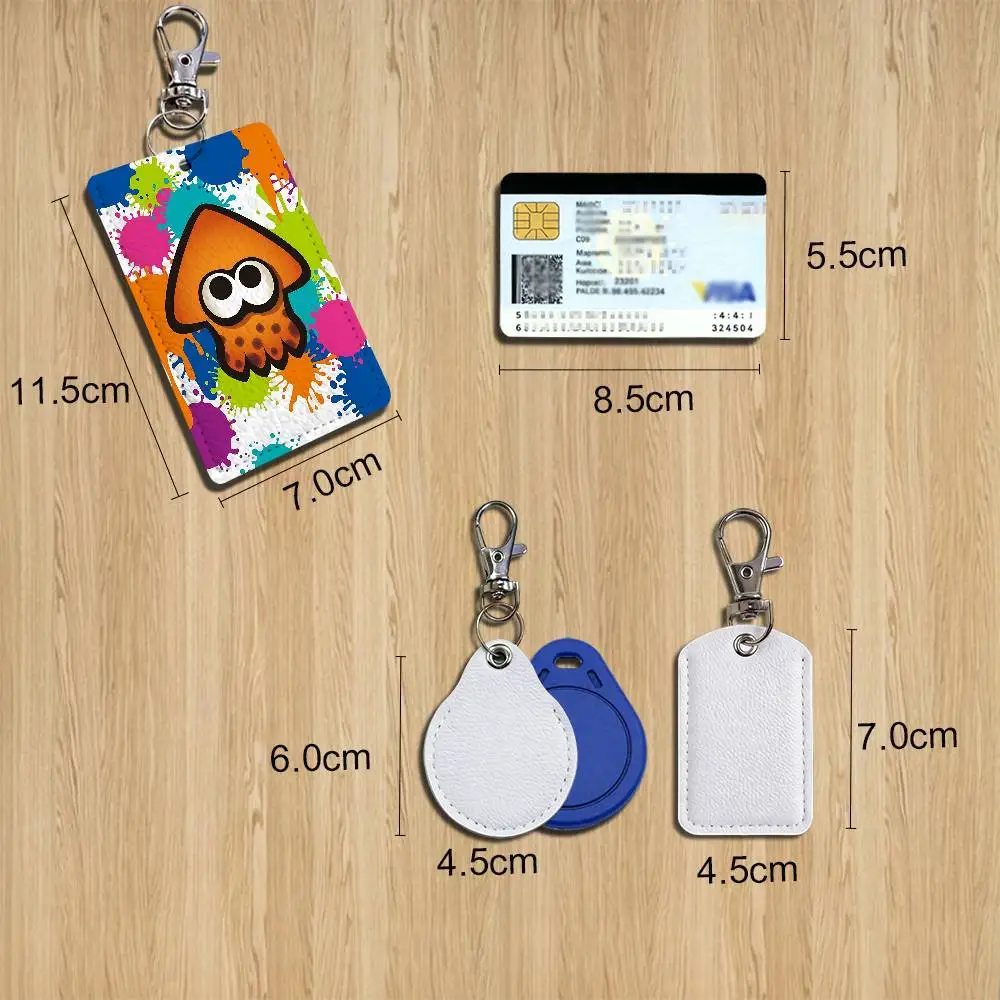 Doodle game Splatoon Raiders Rectangle ID Card Case Keychain Access Card Bag Key Tag Ring Leather Card Holder Key Ring Access