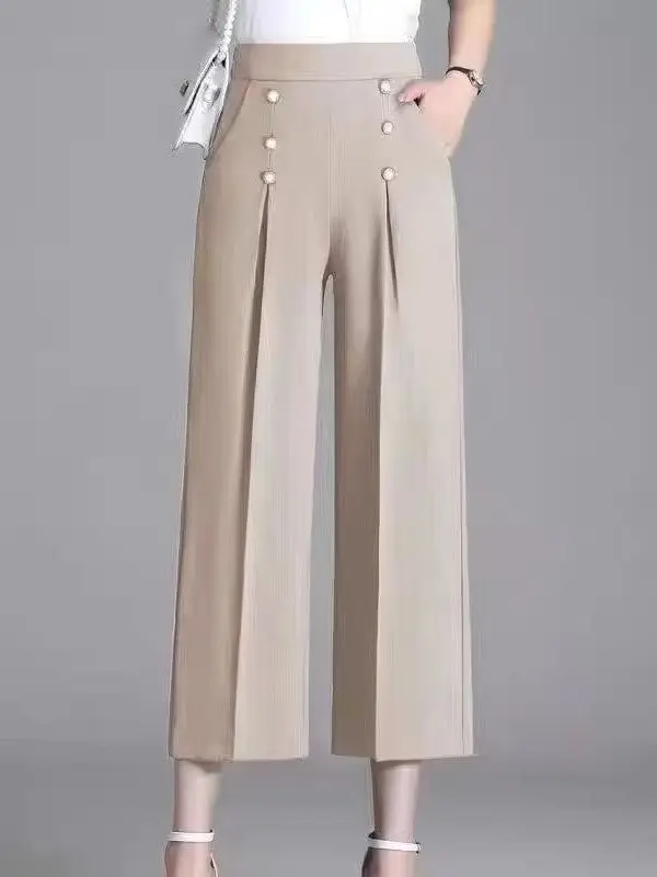 Loose High Waist Wide Leg Pants Thin Summer Casual Mom Clothes Polyester Stretchy plus Size Fashionable Nine Points Trousers