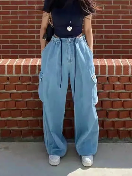

Повседневные широкие джинсы с высокой талией, женские свободные длинные брюки, крутой синий дизайн с завязками и большими кетами