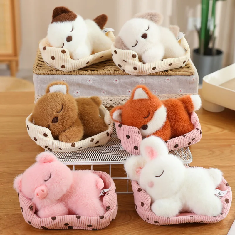 14CM Kawaii Sleeping Hut Rabbit Fox Bear Dog Cat Pig Baby Animal Plush Toy Handmade Doll Children's Desk Gift