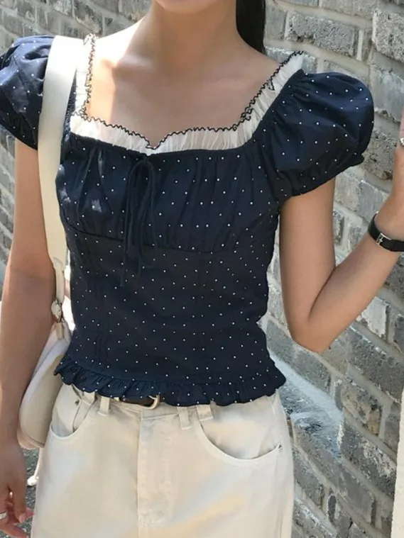 

Women's Lace Trim Blouse Polka Dot Bubble Sve irt Slimming Waist Design Faionable White Floral Print Casual irt