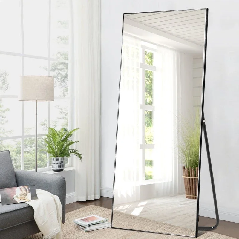 High Quality Floor Mirror Full Length Mirror With Stand Large Wall Mounted Mirror Aluminum Alloy Frame (Black, 71