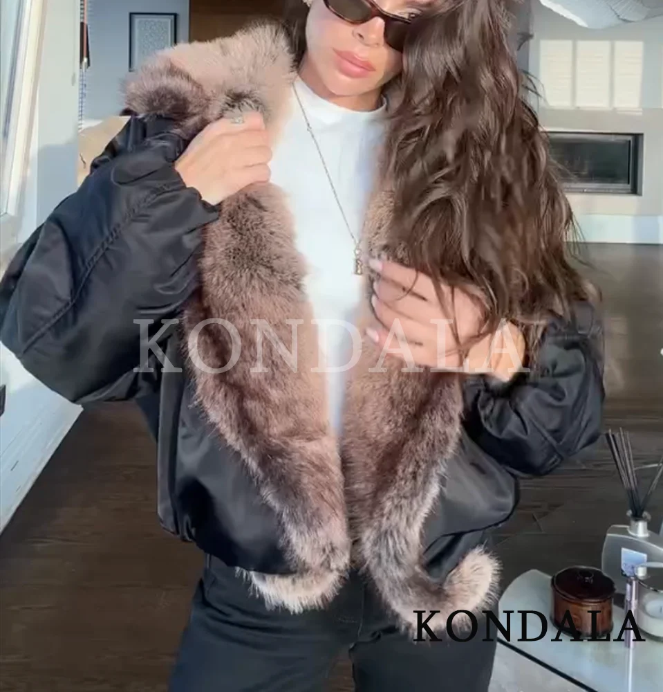 KONDALA Lady Trendy Bomber Jacket Faux Fur Lapel Loose Tomboy Jacket 2026 Spring Fashion Streetwear Outing Cool Pilot Jacket
