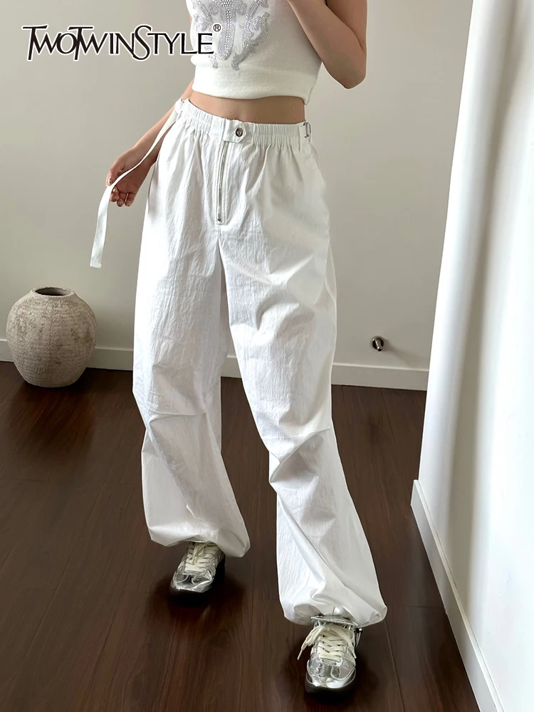 

TWOTWINSTYLE Patchwork Drawstring Pants For Women High Waist Loose Spliced Folds Solid Safari Style Cargo Pant Female Fashion