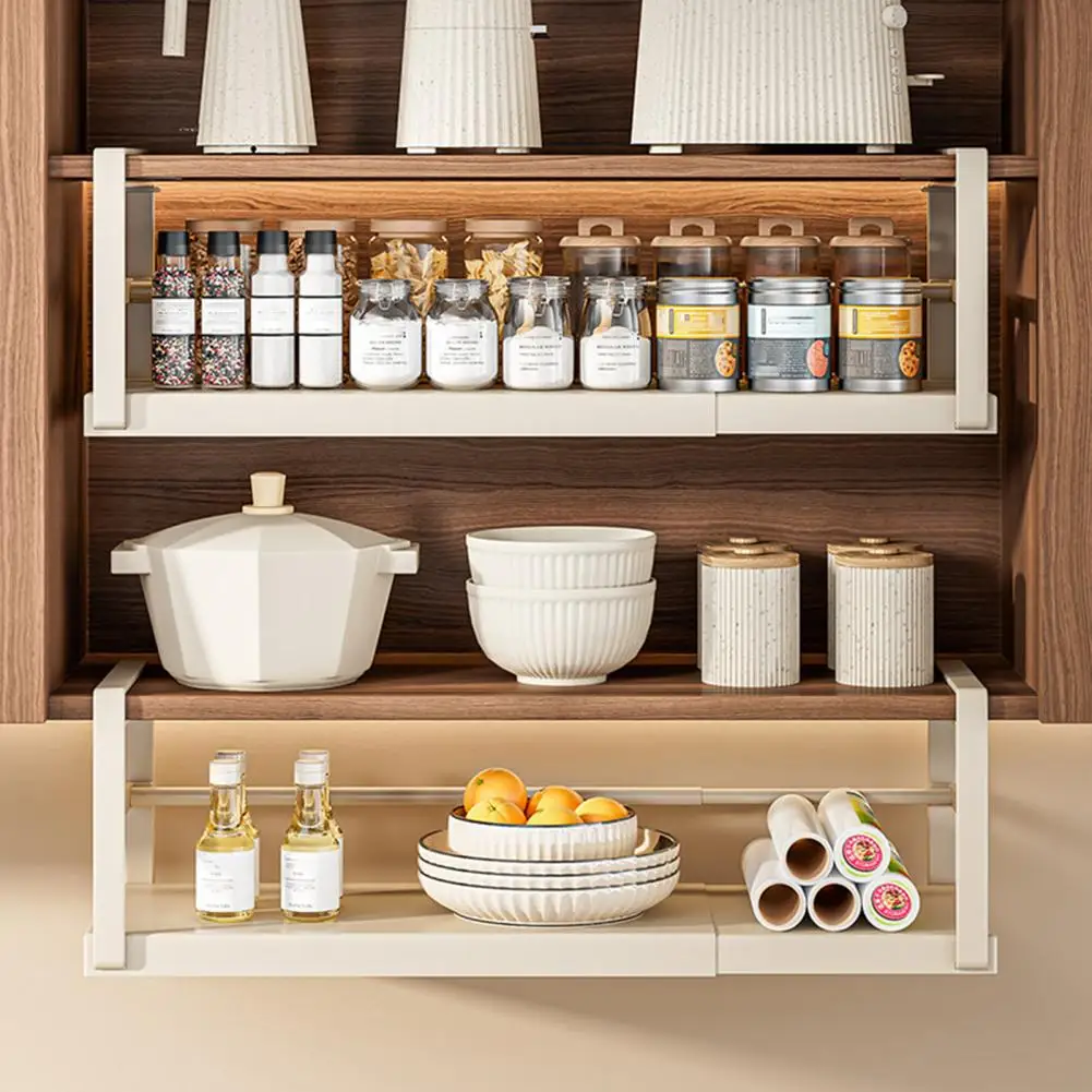 Expandable Under Shelf Storage Rack Telescopic Cabinet Shelf Stainless Steel Cabinet Organizer Kitchen Countertop Spice Holder