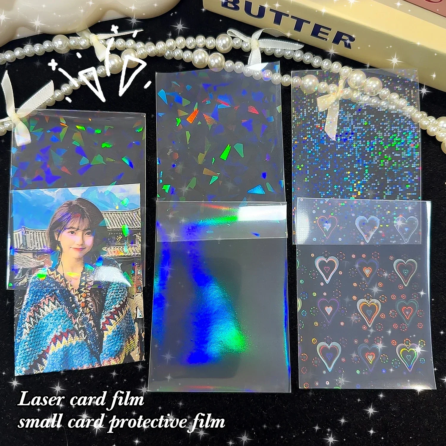 50Pcs Transparent Flat Laser Love Heart Card Cover Fireworks Photocard Sleeves DIY INS Decorative Kpop idol Photo Card Film 2025