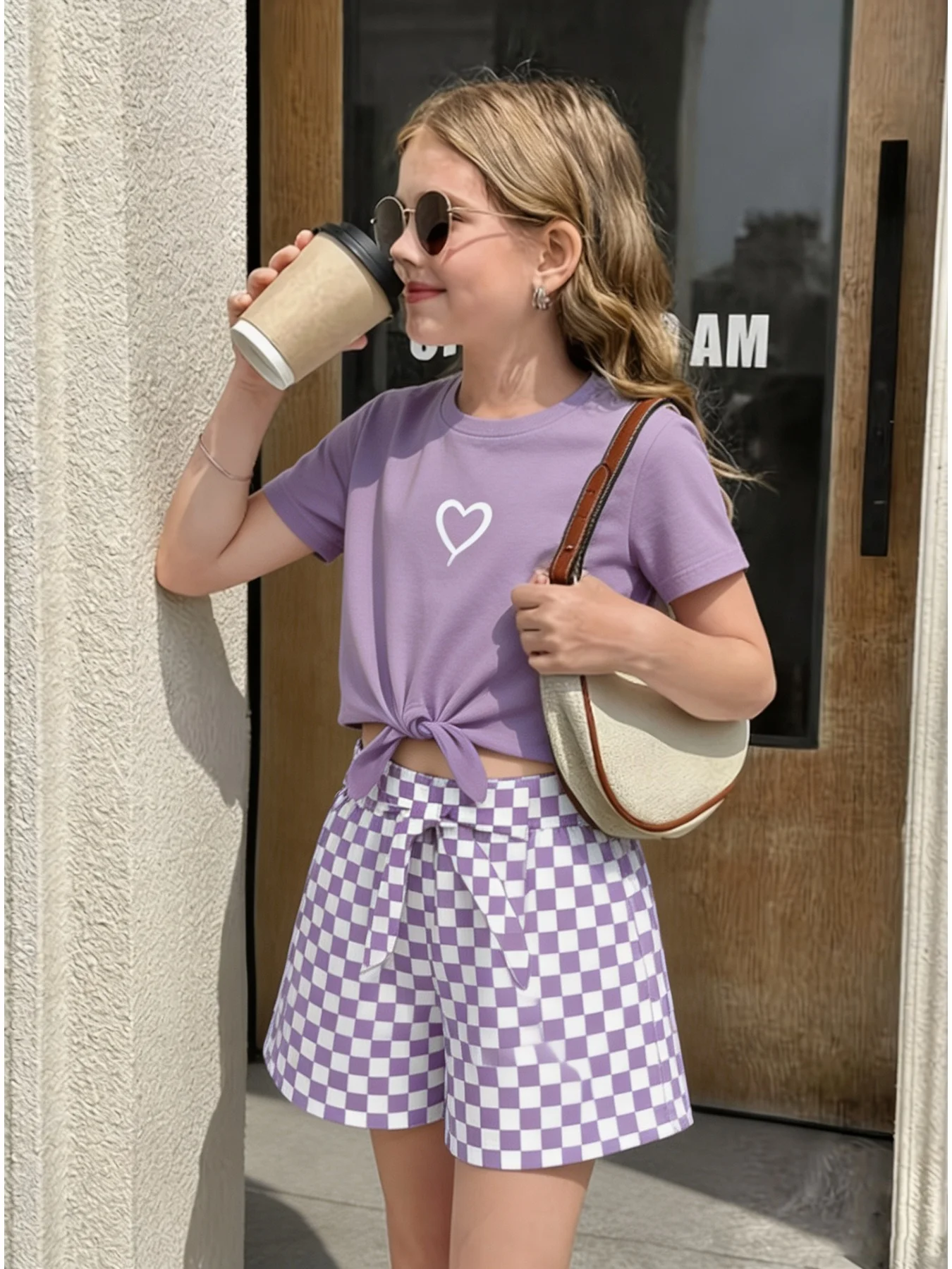 Kids Clothing Set round Neck Heart Printed Short Sleeve T-Shirt Elastic Waist Checkered Shorts Outfit for Children