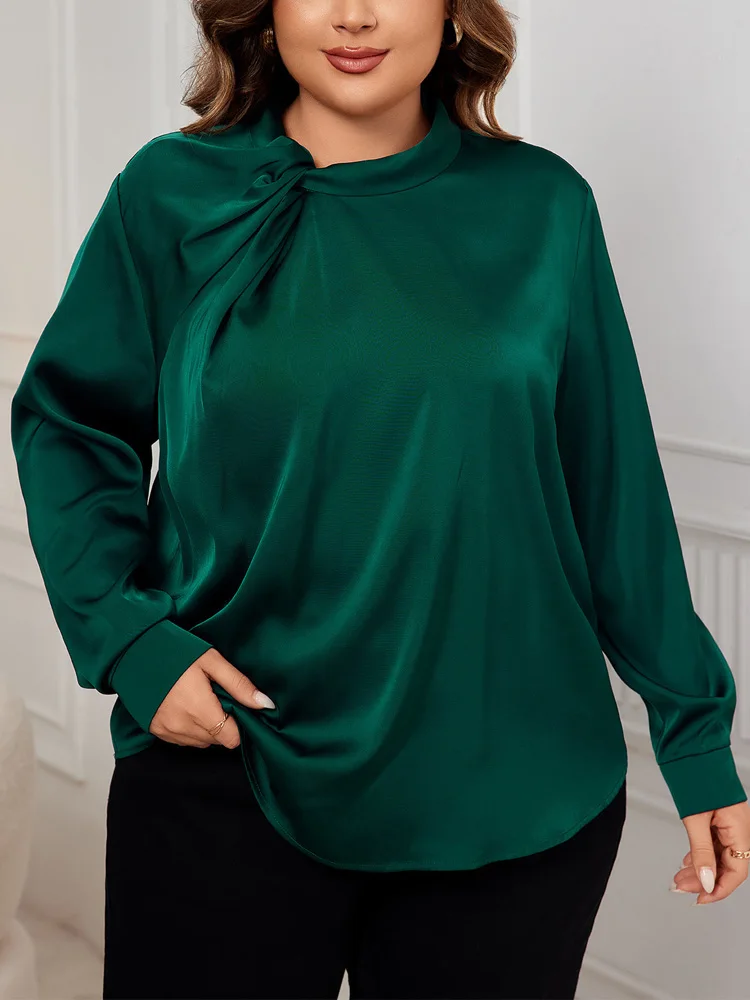 GIBSIE Plus Größe Schlüsselloch Langarm Grünes Hemd Frauen Herbst Neue Solide Elegante Büro Damen Satin Tops Und Blusen 2024